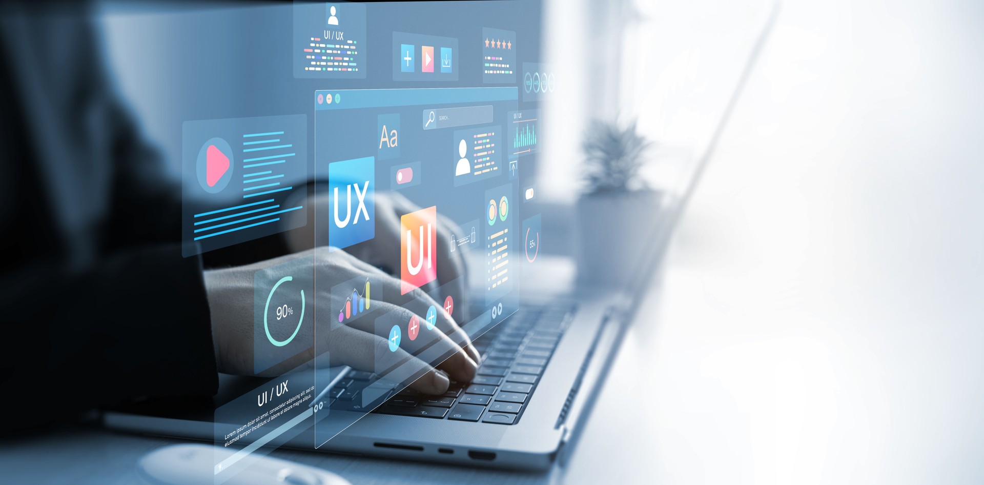 Holographic UI-UX, display icons of UX-UI designer, creative planning, data visualization. Web design, application design,coding develop.UX-UI design web and user design development.