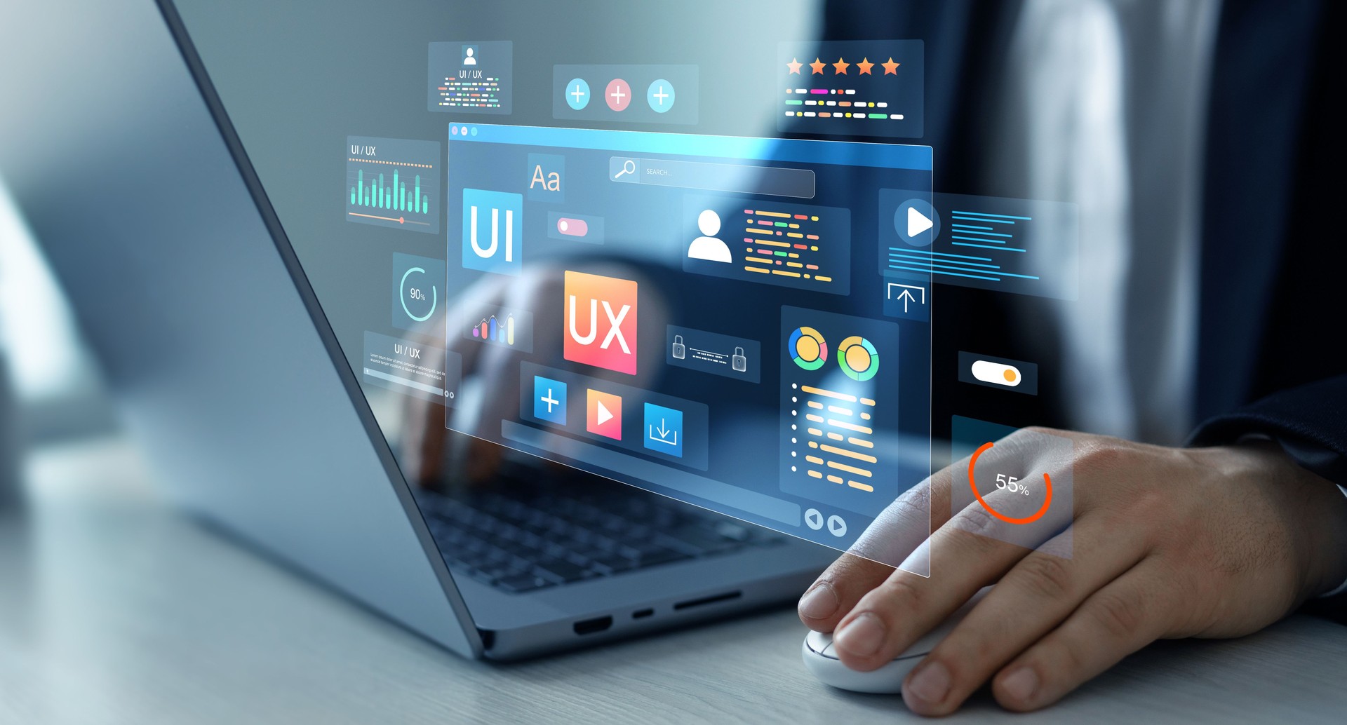 Holographic UI-UX, display icons of UX-UI designer, creative planning, data visualization. Web design, application design,coding develop.UX-UI design web and user design development